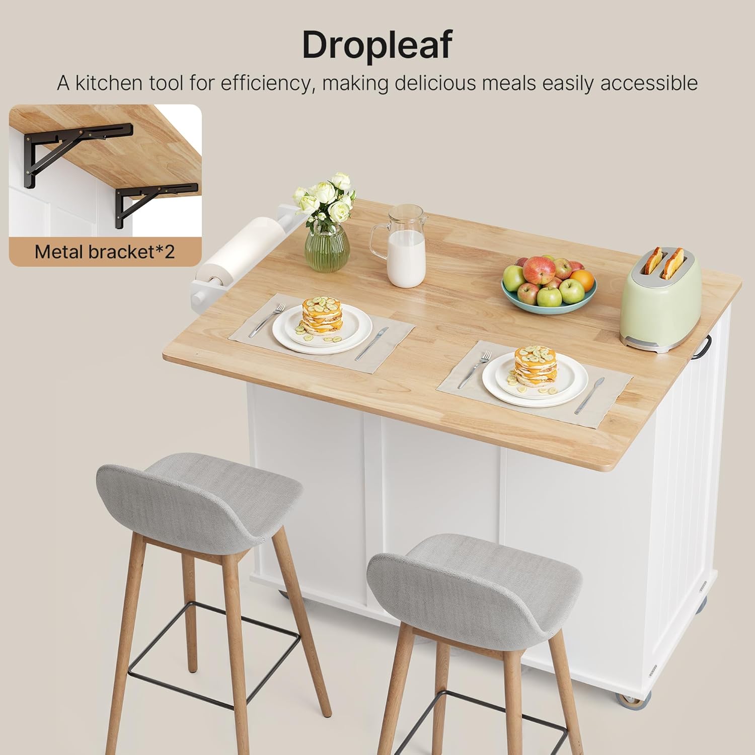 Ahomly Kitchen Island with Storage, 44.49" Kitchen Island with Trash Can Storage, Drop Leaf Rubberwood Top, Knife Holder, Adjustable Shelf, Towel Bar, Drawer, Spice Rack, White