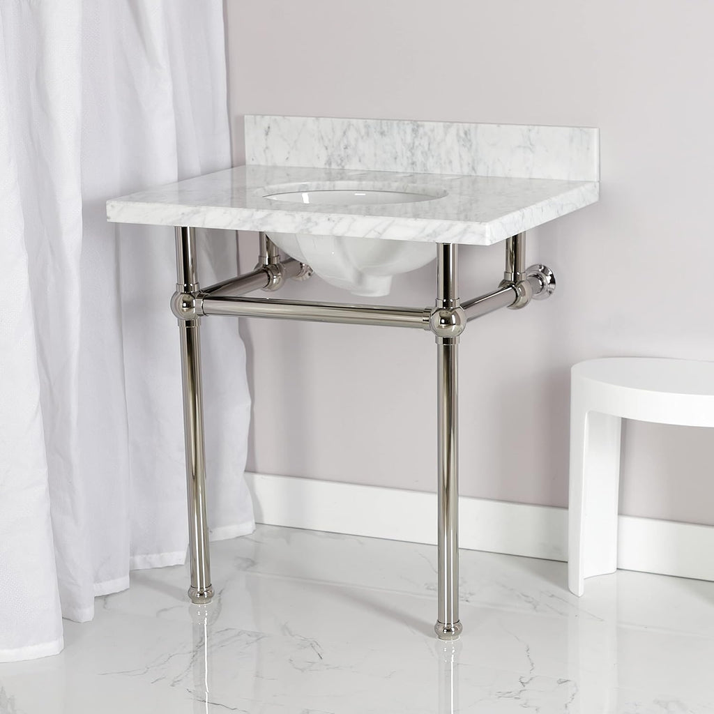 Kingston Brass KVPB3030MB6 Templeton 30" x 22" Carrara Marble Vanity Top with Brass Console Legs, Carrara Marble/Polished Nickel