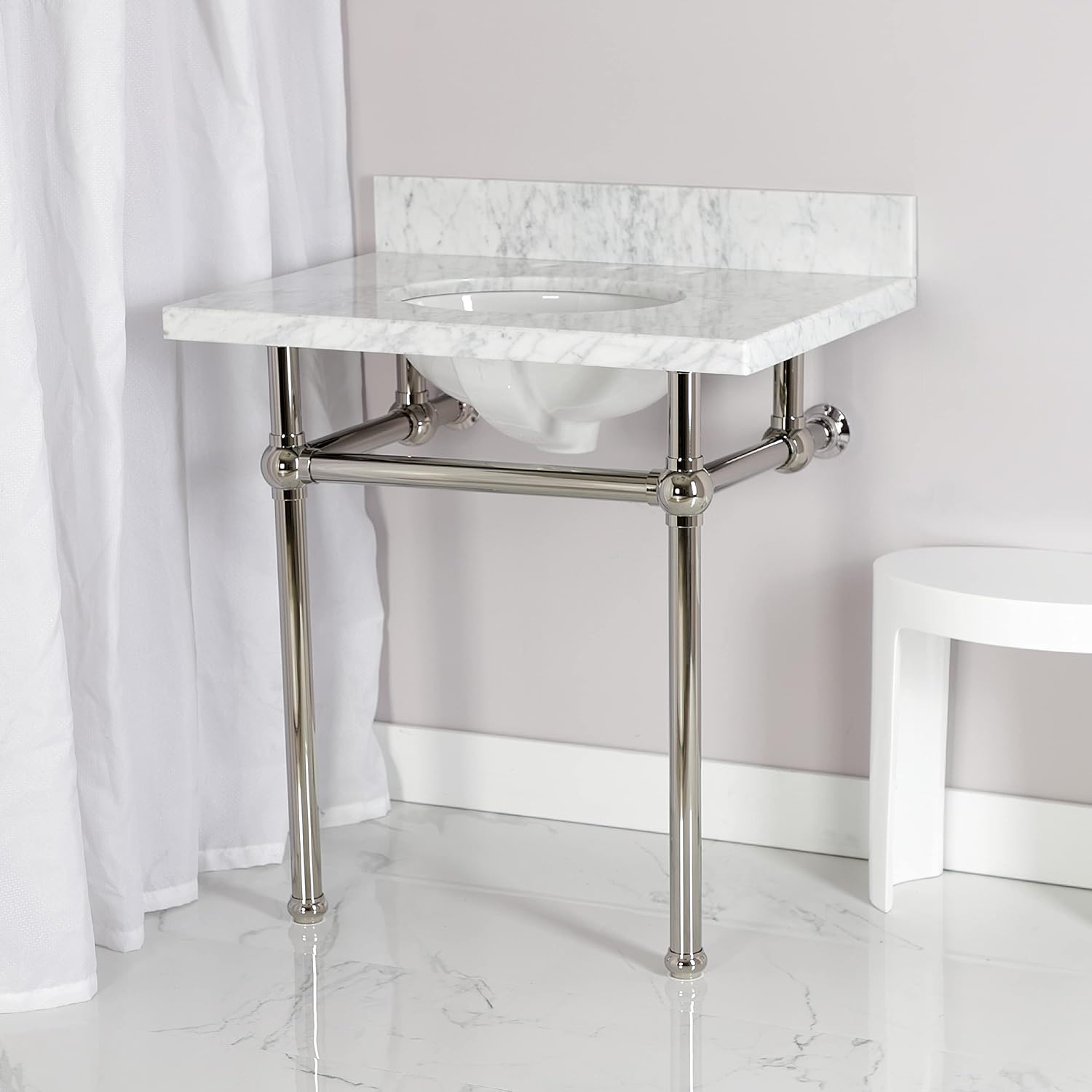 Kingston Brass KVPB3030MB6 Templeton 30" x 22" Carrara Marble Vanity Top with Brass Console Legs, Carrara Marble/Polished Nickel