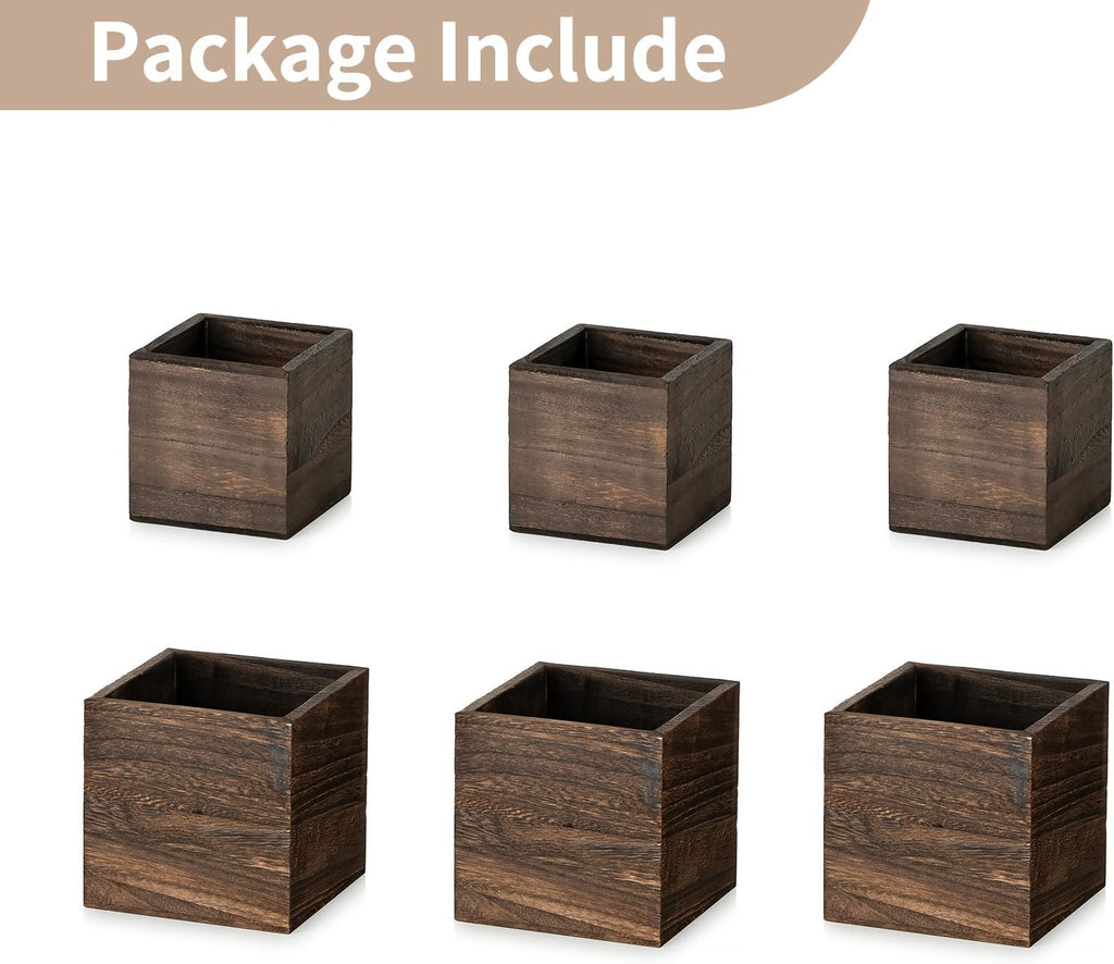 NUPTIO Wooden Box for Centerpiece Wedding: 6 Pcs Rustic Square Planter Box for Christmas Table Fall Decorations - 4×4" & 5×5" Small Wood Vases Flower Pots for Windowsill Home Garden Decor