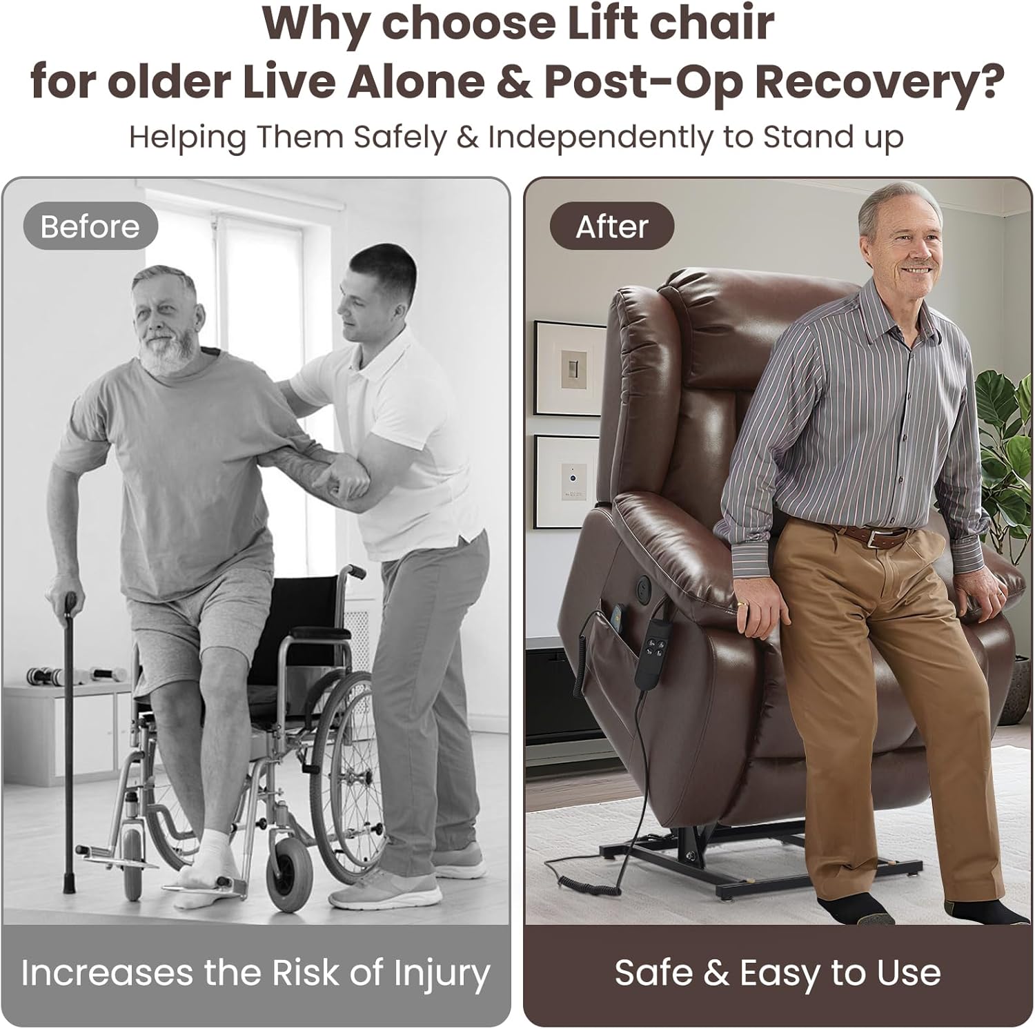 PARKOL Dual Motor Power Lift Recliner Chair for Elderly, 180-Degree Infinite Position Lay Flat Leather Recliner Chairs, with Massage and Heating, USB & Type-C Port and Remote Brown