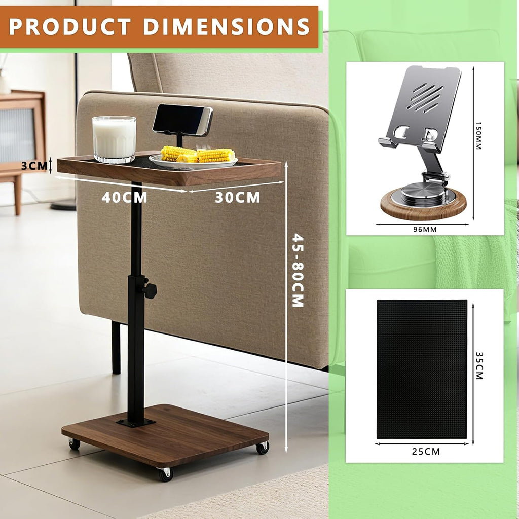TV Tray Table with Phone Stand & Non-Slip Mat, C Table End Table Height Adjustable, 360° Swivel Side Table with Wheels, Slide Under Sofa Table for Couch Bed Recliner Living Room Small Spaces (1 set)