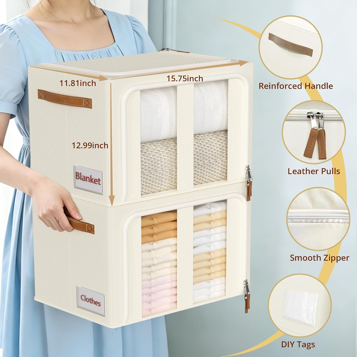 Clothes Storage Bins with Metal Frame, 4-Pack foldable storage bins with Lid, Closet Organizer for Sweaters, Blankets, and Winter Clothes,40L