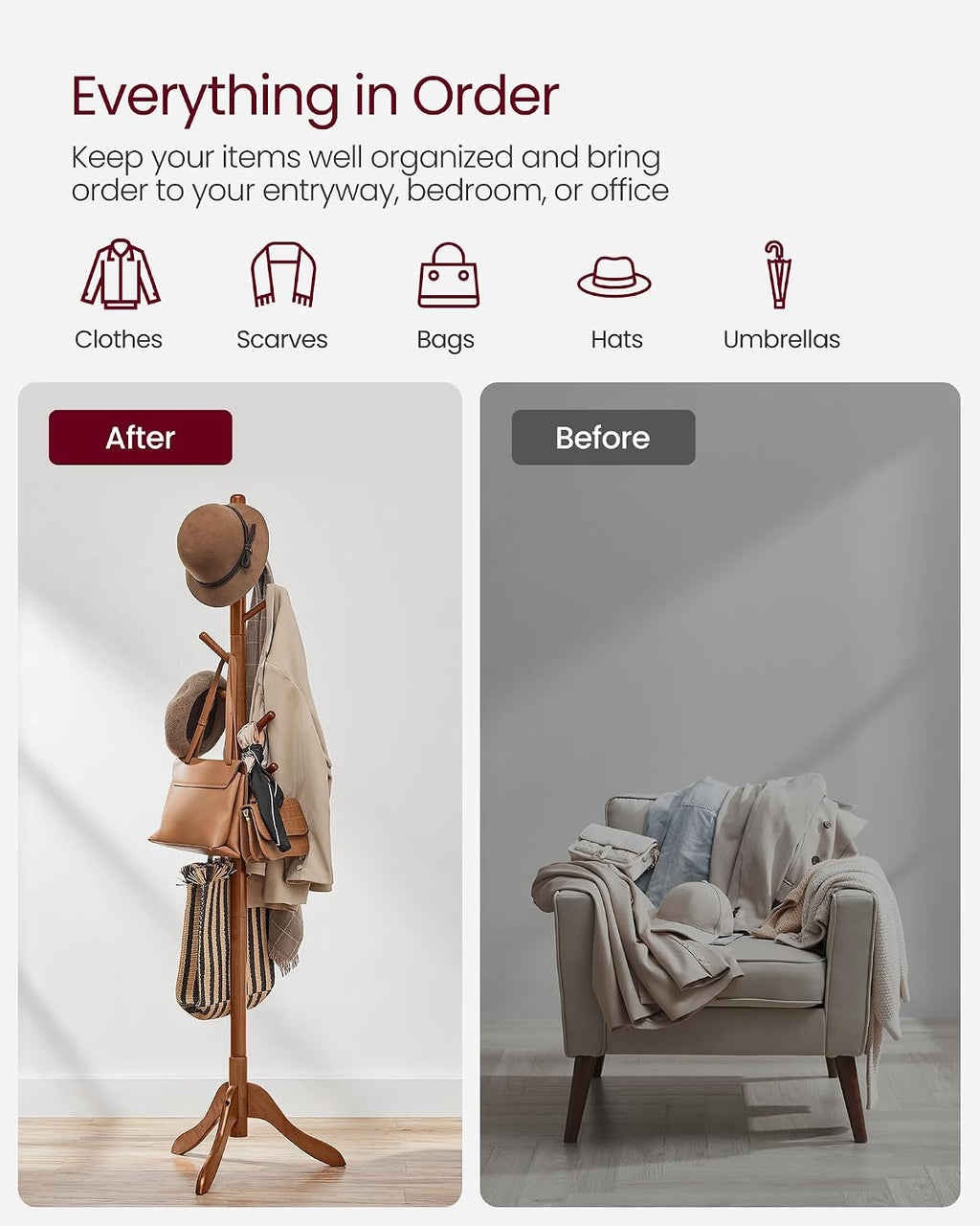 VASAGLE Solid Wood Coat Rack, Free Standing Tree-Shaped Coat Rack with 8 Hooks, 3 Height Options, for Clothes, Hats, Bags, Living Room, Bedroom, Home Office, Caramel Brown URCR01WN
