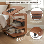 Multi-Layer Storage Rolling Side Table, C Shaped Couch End Table with Edge Stopper & Side Pocket, Mobile Wooden Bedside TV Tray Desk - 23.66" W*18.46" D*24.8" H