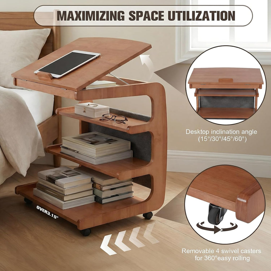 C-Shaped End Table with 2 Lockable Wheels 4-Tier Small Side Table with Storage Bag Adjustable Desktop 360 Degree Swivel TV Tray for Living Room Bedroom Use (Natural Wood Color 60CM)