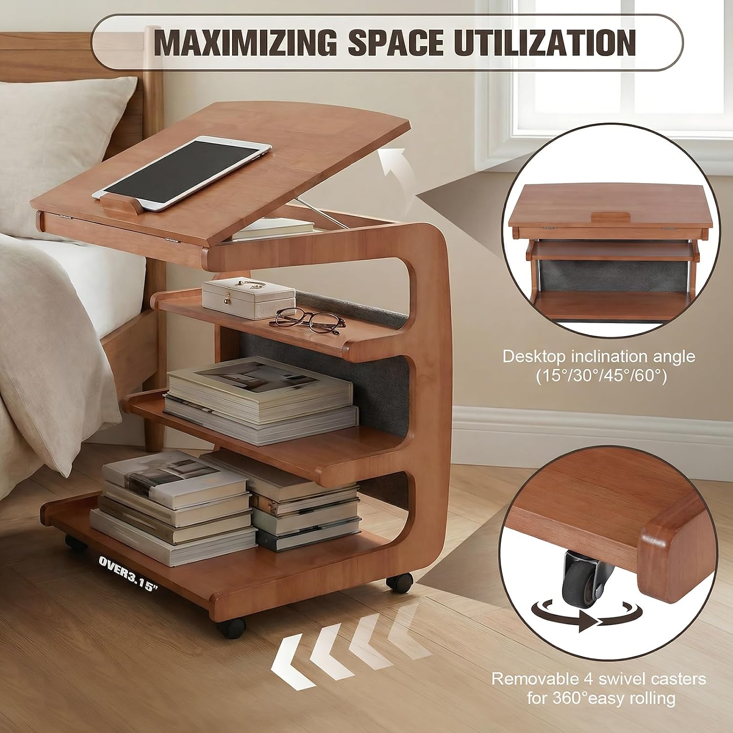 C-Shaped End Table with 2 Lockable Wheels 4-Tier Small Side Table with Storage Bag Adjustable Desktop 360 Degree Swivel TV Tray for Living Room Bedroom Use (Natural Wood Color 60CM)