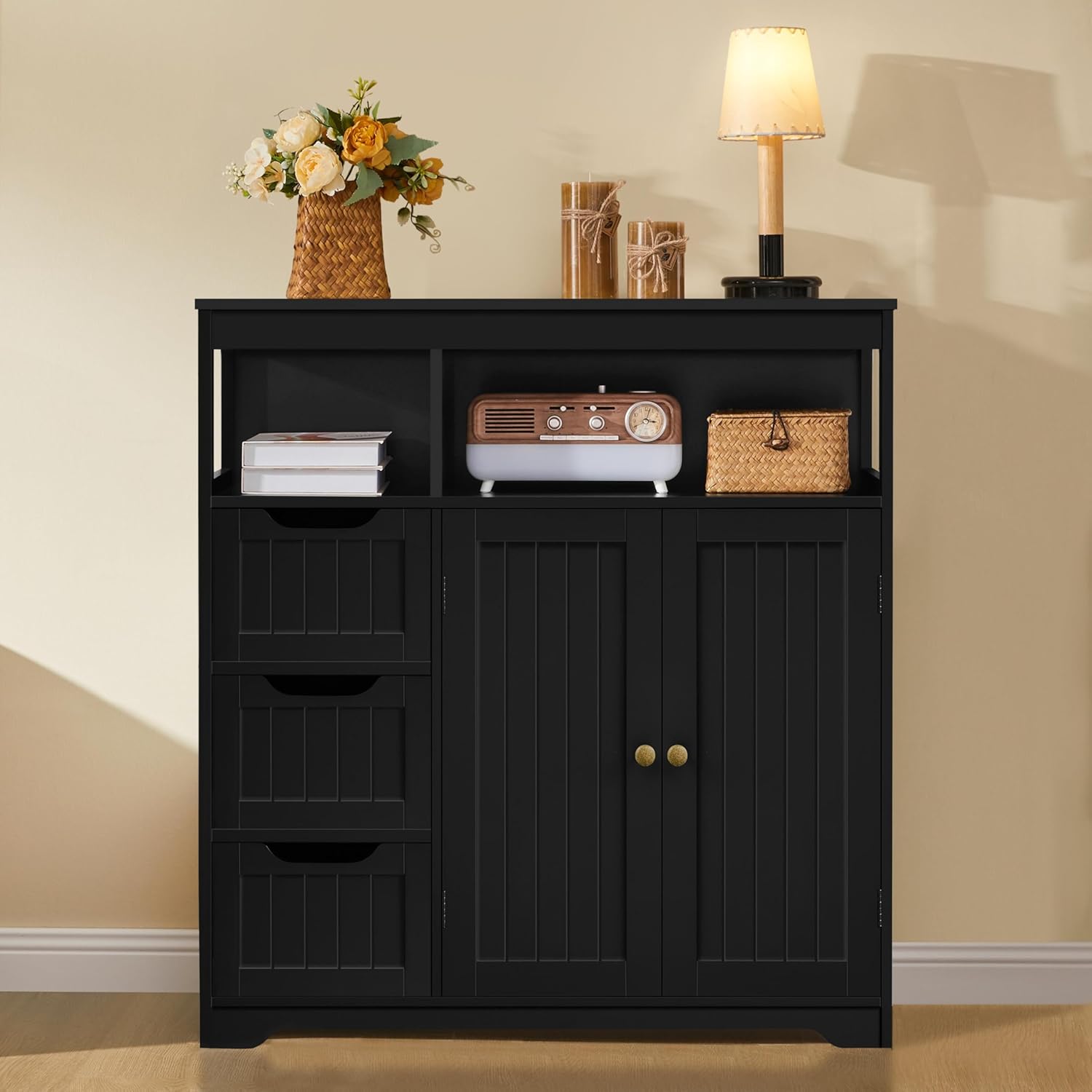 Yaheetech Bathroom Storage Cabinet, Wide Floor Cabinet with 3 Drawers and 2 Doors, Barhroom Storage Organizer with 2 Open Shelves, Adjustable Shelf, for Living Room, Kitchen, Hallway, Black