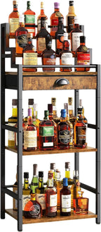 IBUYKE Stepped Wine Rack Freestanding Floor,Bar Cabinet,Brown TMJ915H | Wine Bottle Display Liquor Bottle Holder with Drawer for Whiskey for Home Living Room Dining