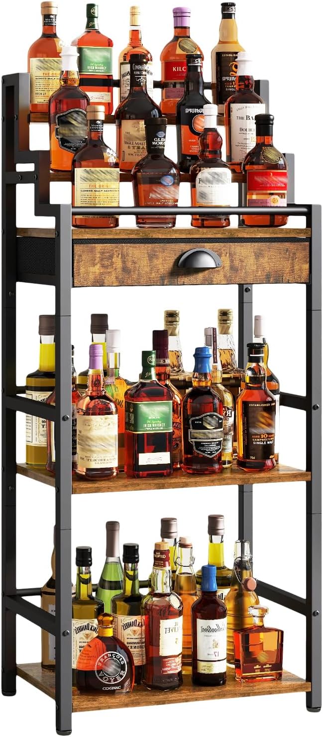 IBUYKE Stepped Wine Rack Freestanding Floor,Bar Cabinet,Brown TMJ915H | Wine Bottle Display Liquor Bottle Holder with Drawer for Whiskey for Home Living Room Dining