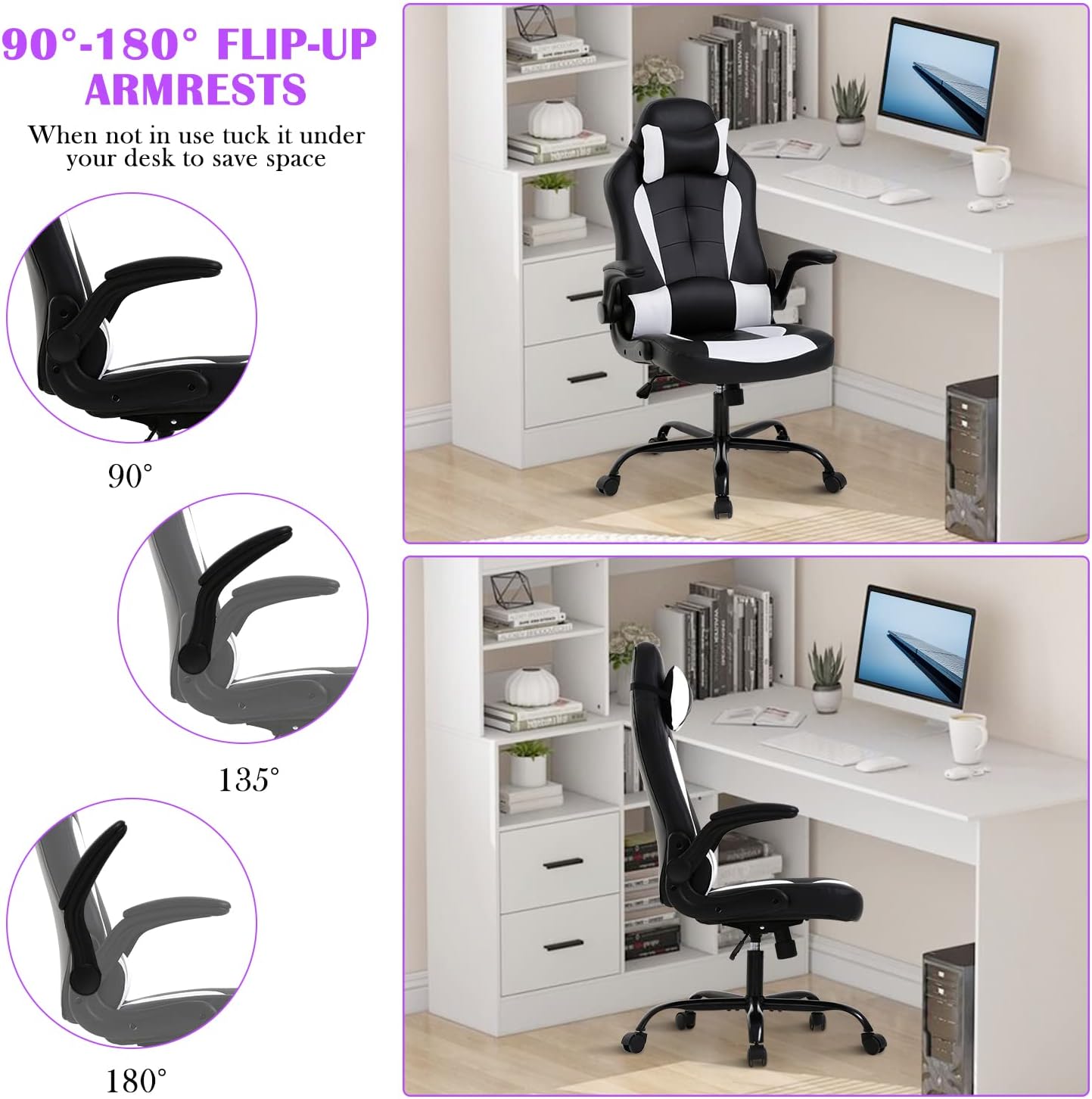 Ergonomic Gaming Chair, Gaming Chair with Headrest, Office Computer Chair Racing Chair with Wheels & Lumbar Support, High Back Gamer Chair PC Gaming Chairs for Adults Teens, Xmas Gift (White)