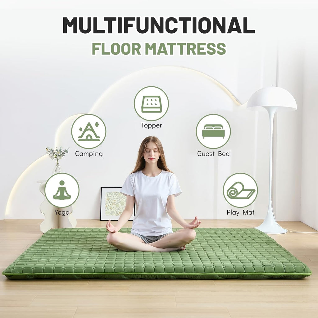 Zelladorra Japanese Floor Mattress Queen, Anti-Slip Japanese Futon Roll Up Tatami Mat for Guests, Green