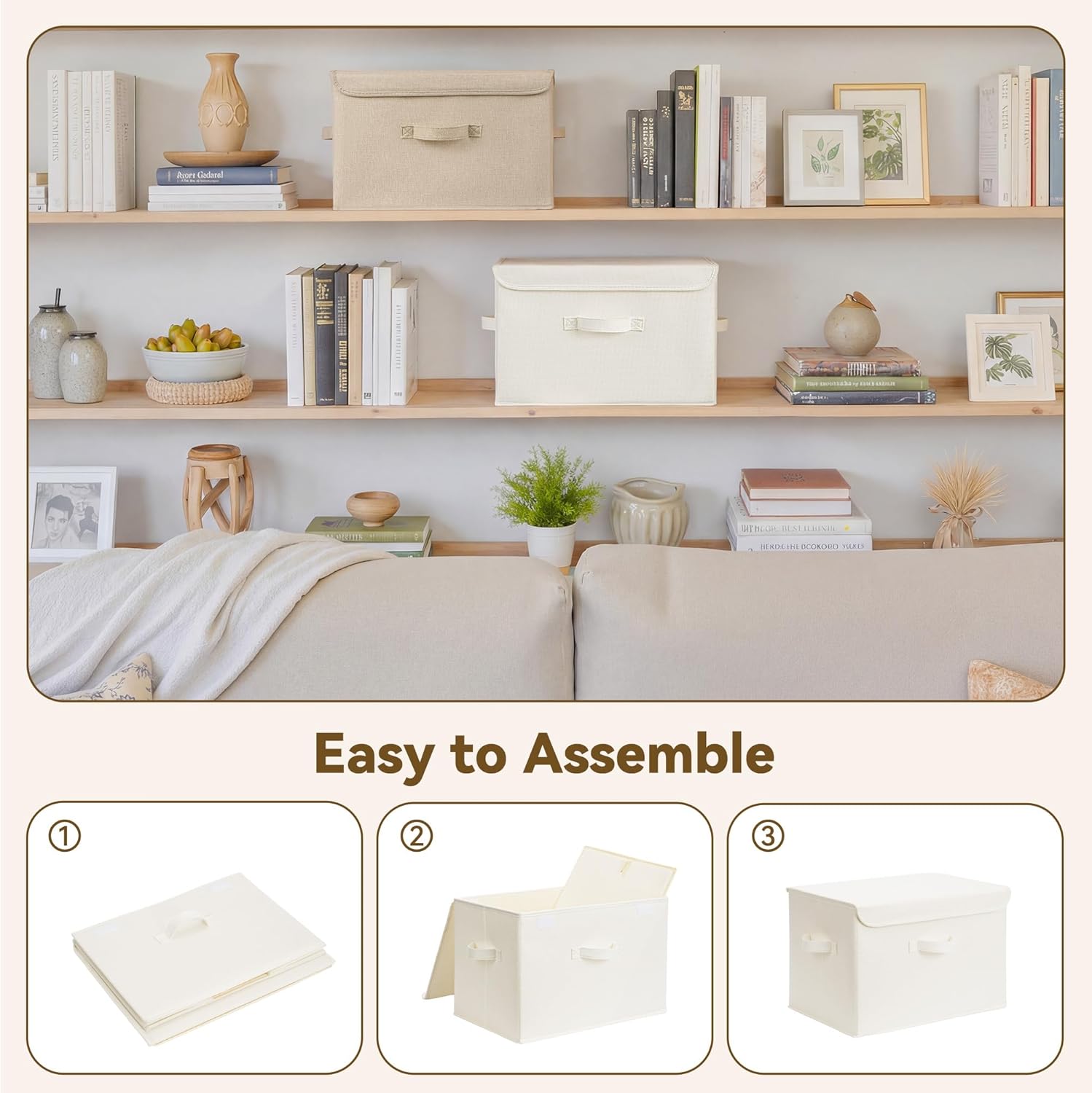 GRANNY SAYS Stoarge Basket with Lid, Decorative Storage Boxes, Closet Storage Bins for Clothes, Collapsible Stackable Organization, Ivory White&Khaki, 2-Pack