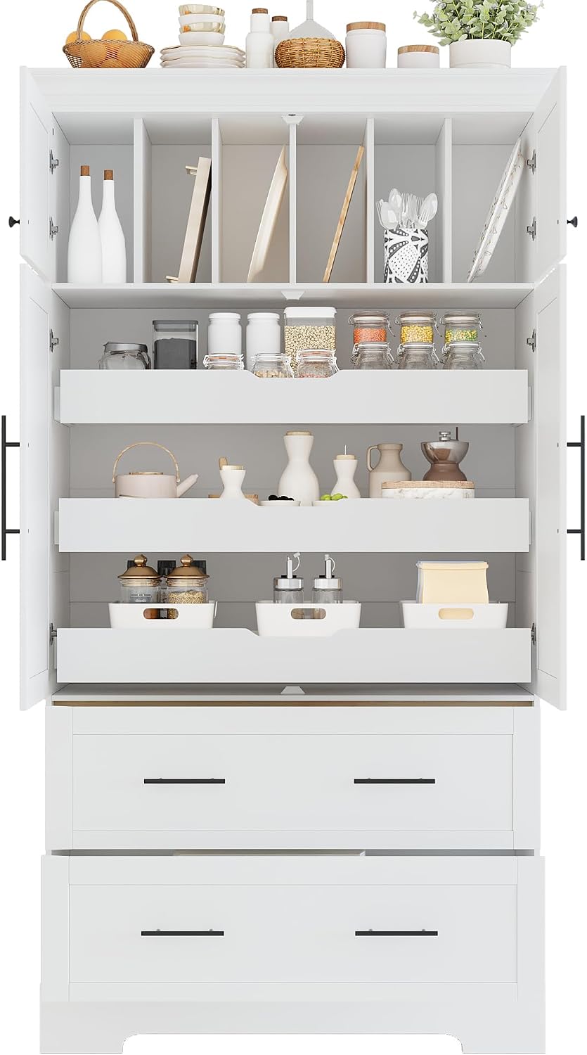 Farmhouse Pantry Cabinet, Tall Freestanding Kitchen Storage Cabinet with Pull-Out Trays, Drawers and Cake Pan Storage Organizer for Dining Room (White)