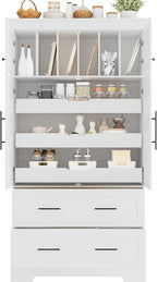 Farmhouse Pantry Cabinet, Tall Freestanding Kitchen Storage Cabinet with Pull-Out Trays, Drawers and Cake Pan Storage Organizer for Dining Room (White)