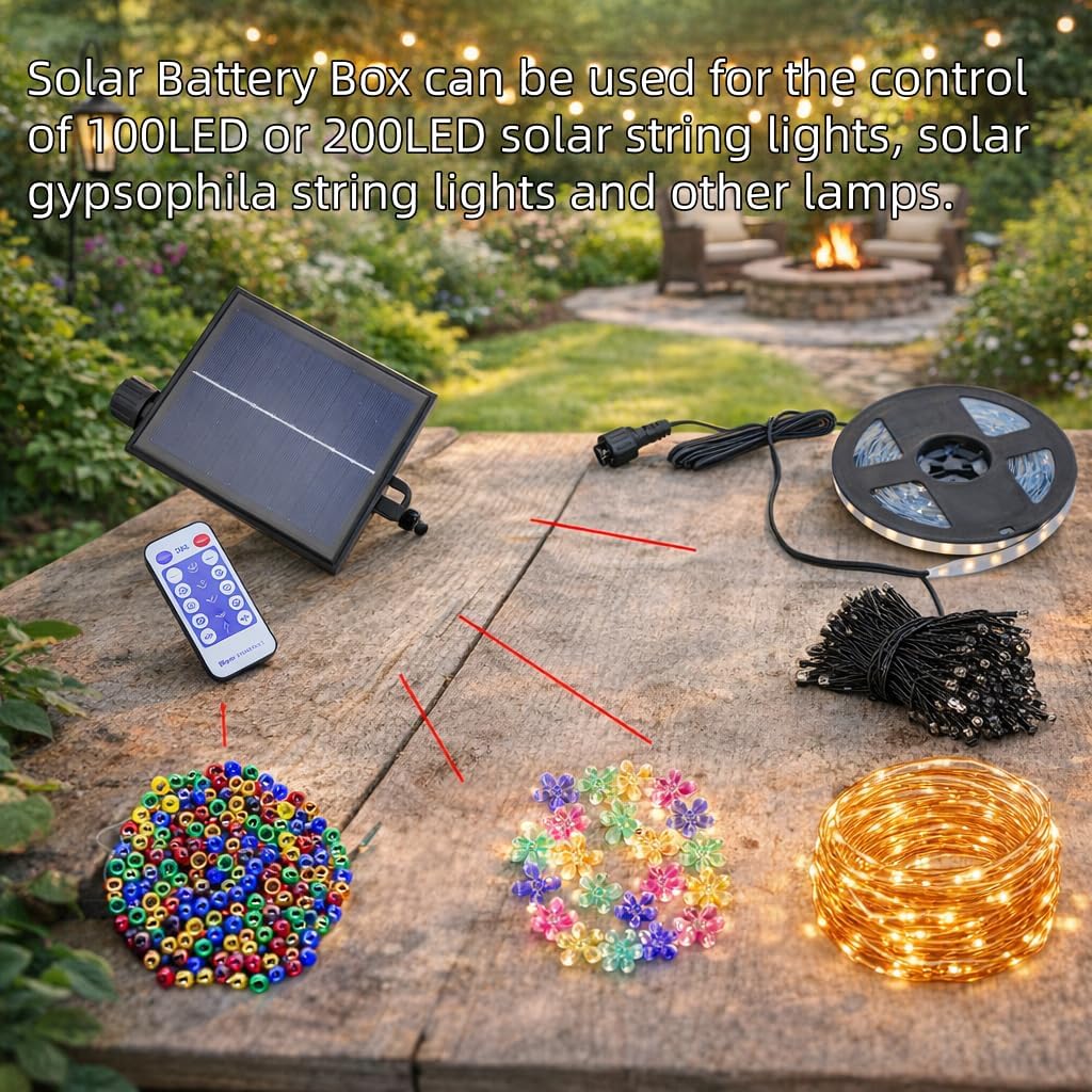 CHICIRIS Solar Battery Box for LED String Lights, Outdoor Lights Control Panel with DC Charging 8 Remote Modes Pack Powered Lithium Lamp with Remote (Output Boost 24V)