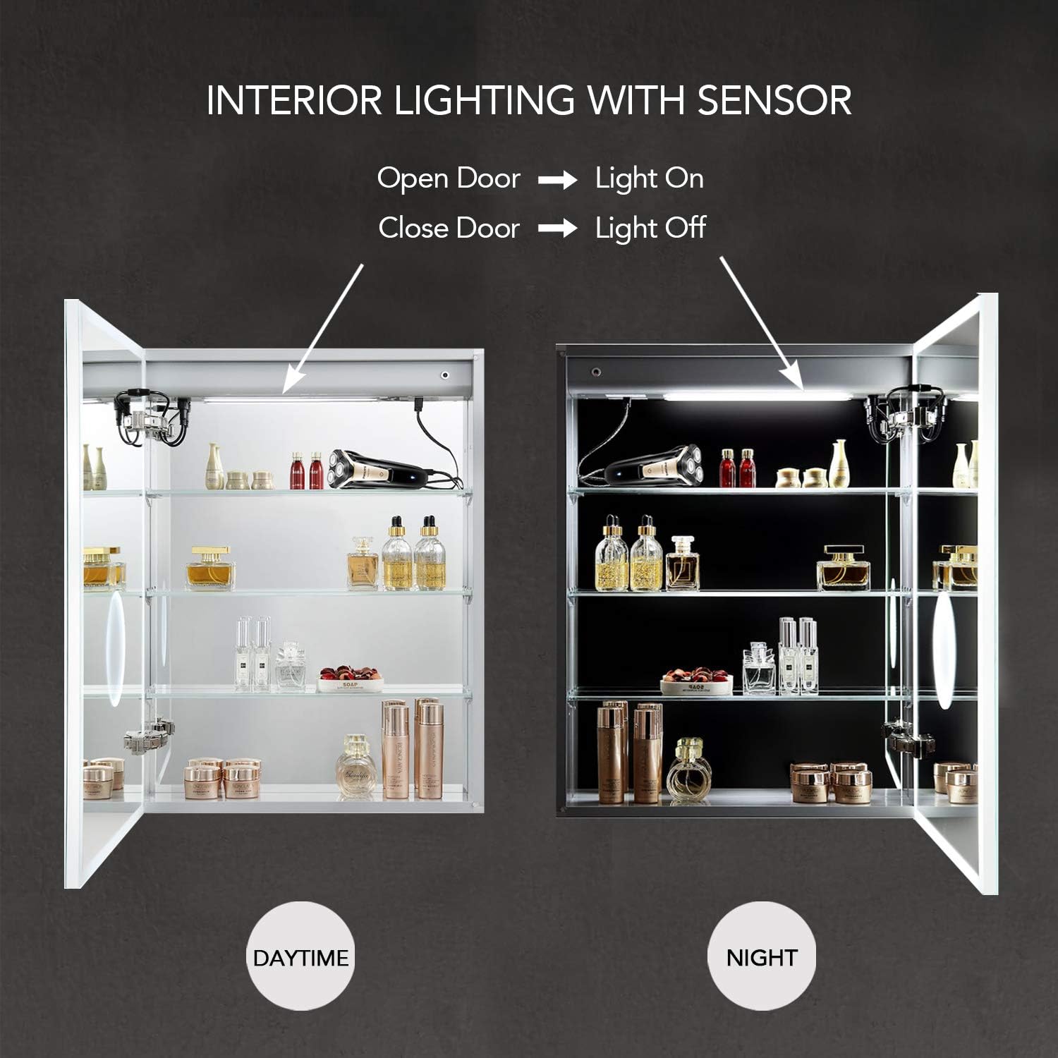 Blossom LED Medicine Cabinet with Mirror, 24x32 in, Lighted Bathroom Mirror Medicine Cabinet, Defogger, Recessed/Surface 3X Makeup Mirror, Adjustable Brightness, Outlets & USB, A2(M)-24-Right Hinge