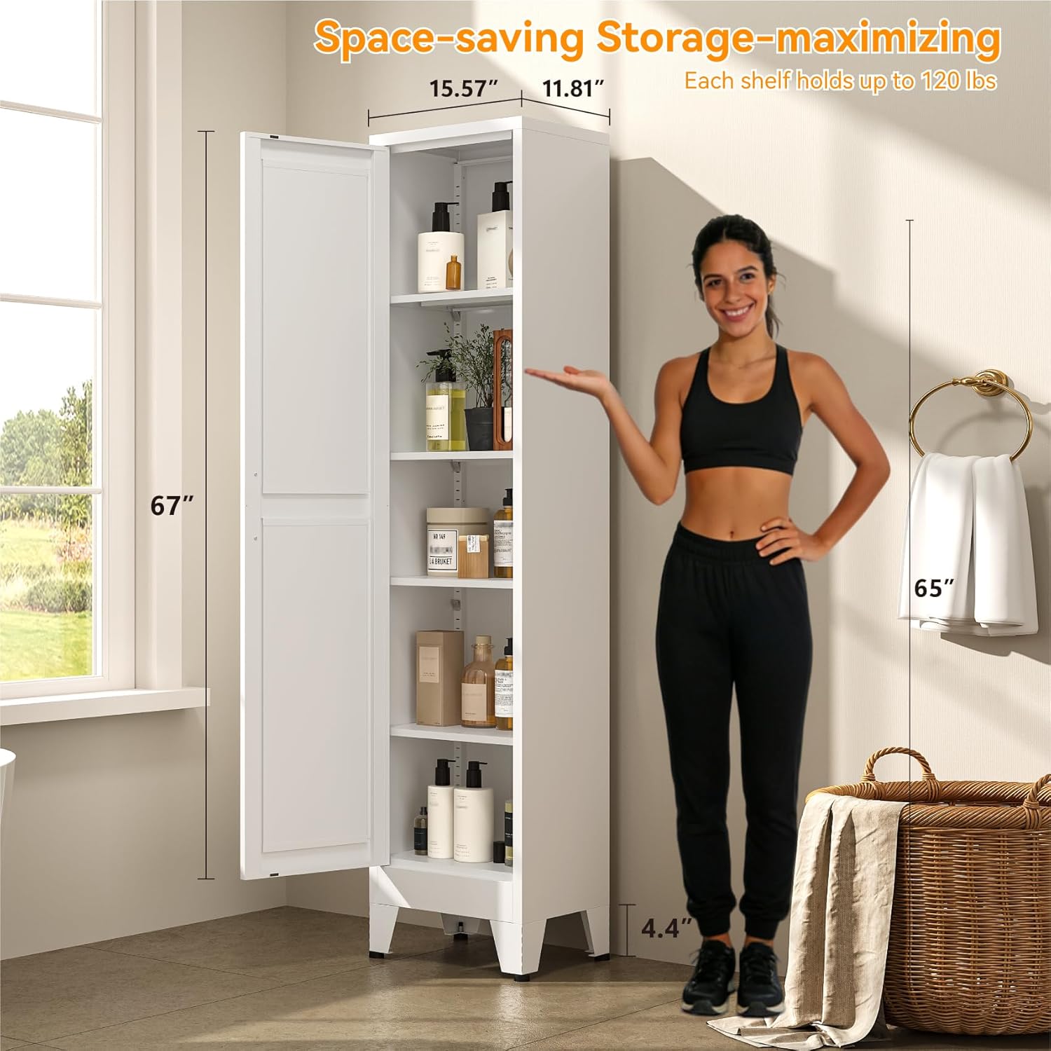 67" Tall Storage Cabinet with Reversible Doors and Adjustable Shelves,Metal Slim Freestanding Cabinet for Bathroom Kitchen Garage Small Spaces,White1 Pack