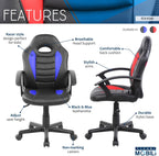 Techni Mobili Kid's Gaming and Student Racer Chair with Wheels, Resemblance of a sport's car interior, Polypropylene, Blue