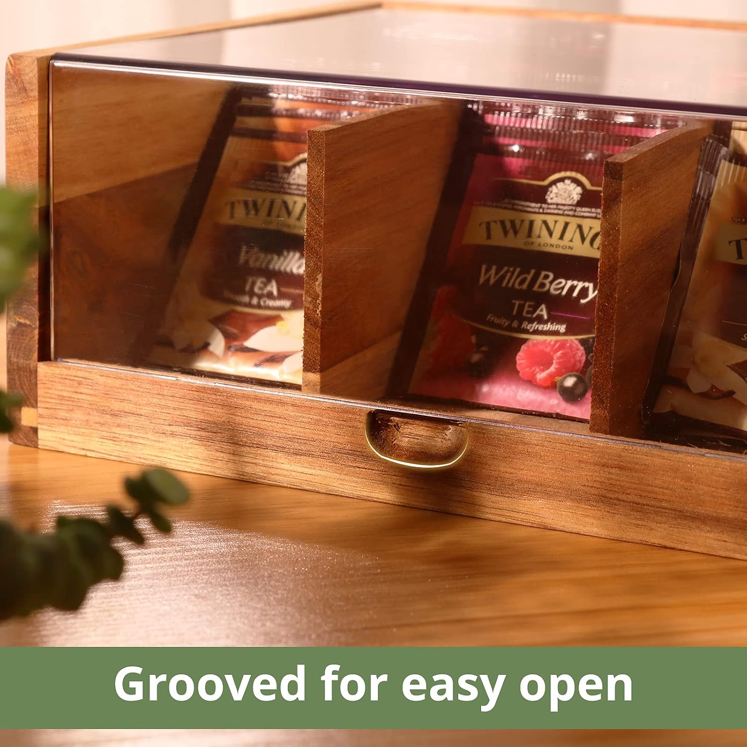 HTB Acacia Wood Tea Bag Organizer Storage Box with 6 Compartments | Tea Chest Box with Clear Acrylic Transparent Hinged Lid,Tea Bag Holder for Kitchen,Office,Bar,Coffee Station