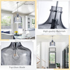 CATINER 16" Extra Large Farmhouse Pendant Light – Hand-Blown Smoked Gray Hammered Glass Shade, Polished Chrome Finish, Adjustable Chain Hanging Light Fixture for Kitchen Island, Dining Room, Hallway