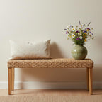 Indoor Bench Wicker for Entryway Bench, Wood Bench for Living Room Dining Bench or End of Bed Bench, 47" Boho Bench with Solid Wood Acacia & Natural Woven Seat, Rustic Farmhouse Rattan Hallway Bench
