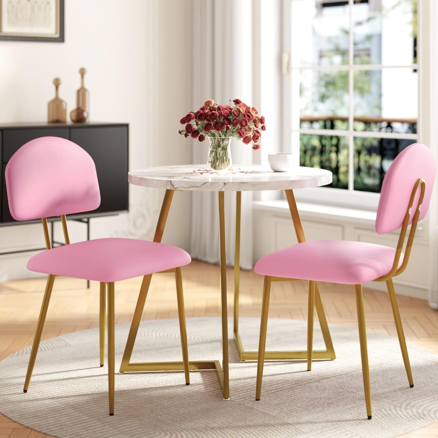 VECELO Dining Chairs Set of 2, Upholstered Kitchen Chairs with Extra Thick Cushion & Sturdy Metal Frame, Faux Leather Chairs for Vanity, Kitchen, Living Room, Pink