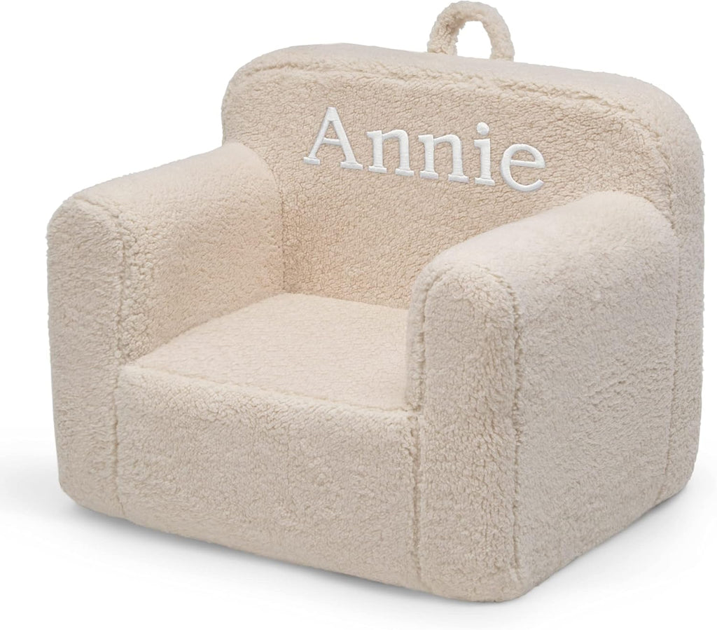 Delta Children Cozee Sherpa Chair – Customize with Name – Foam Kids Chair for Ages 18 Months and Up, Cream