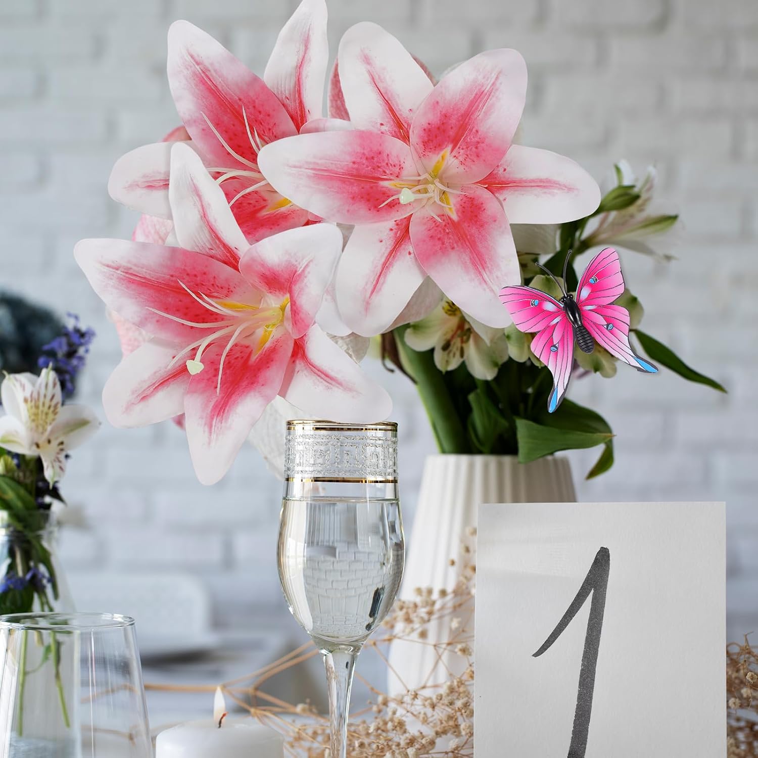 32 Pack Large Artificial Lilies Flower Heads with Realistic Stamens 5.5" Faux Fake Lily Silk Flower Heads Bulk with Butterfly for DIY Crafts Cake Wedding Bridal Wreaths Table Home Party Decoration