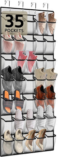 PAULONE 35 Pocket Over the Door Shoe Organizer,Reusable Breathable Large Mesh Bag Men's & Women's Sneaker Organizer,Shoe Organizer for Kids,Hanging Shoe Storage Hanging Bag -White