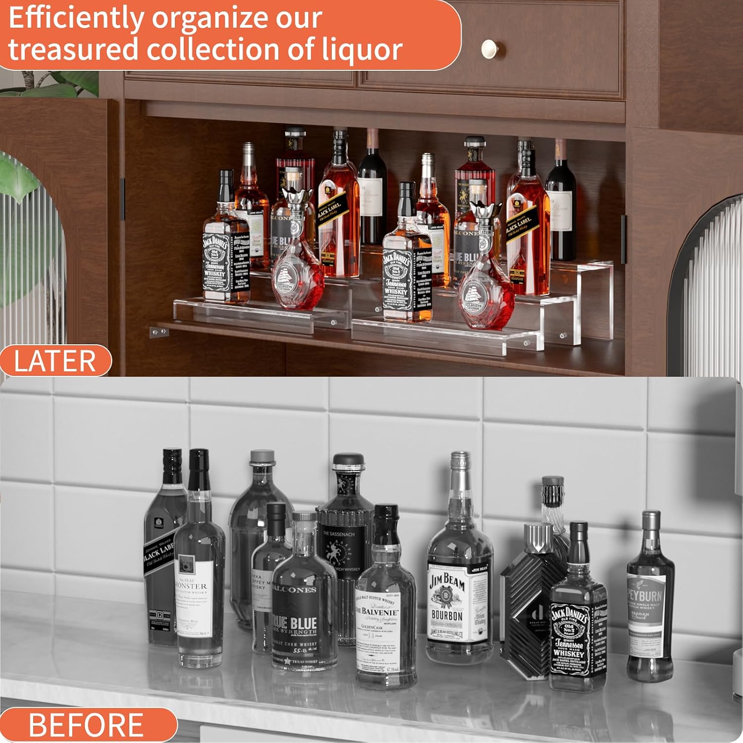 JUESHA 3 Tiers Bar Shelves for Liquor Bottles (Patent: D1076520S) | 15" Bar Organizer for Countertop, Clear Acrylic Risers Display Racks Stands for Figures Pops Cupcake Perfume Collections