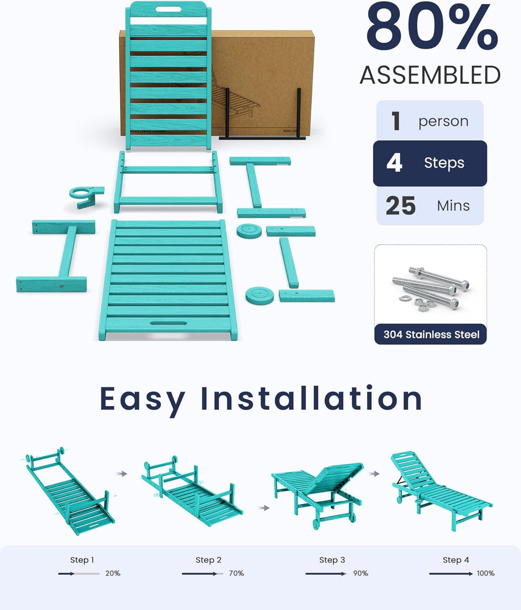 KINGYES Outdoor Armless Chaise Lounge Set of 2, HDPE Pool Lounge Chairs with Cup Holder & Wheels, Patio Lounger Chairs for Poolside, Aruba