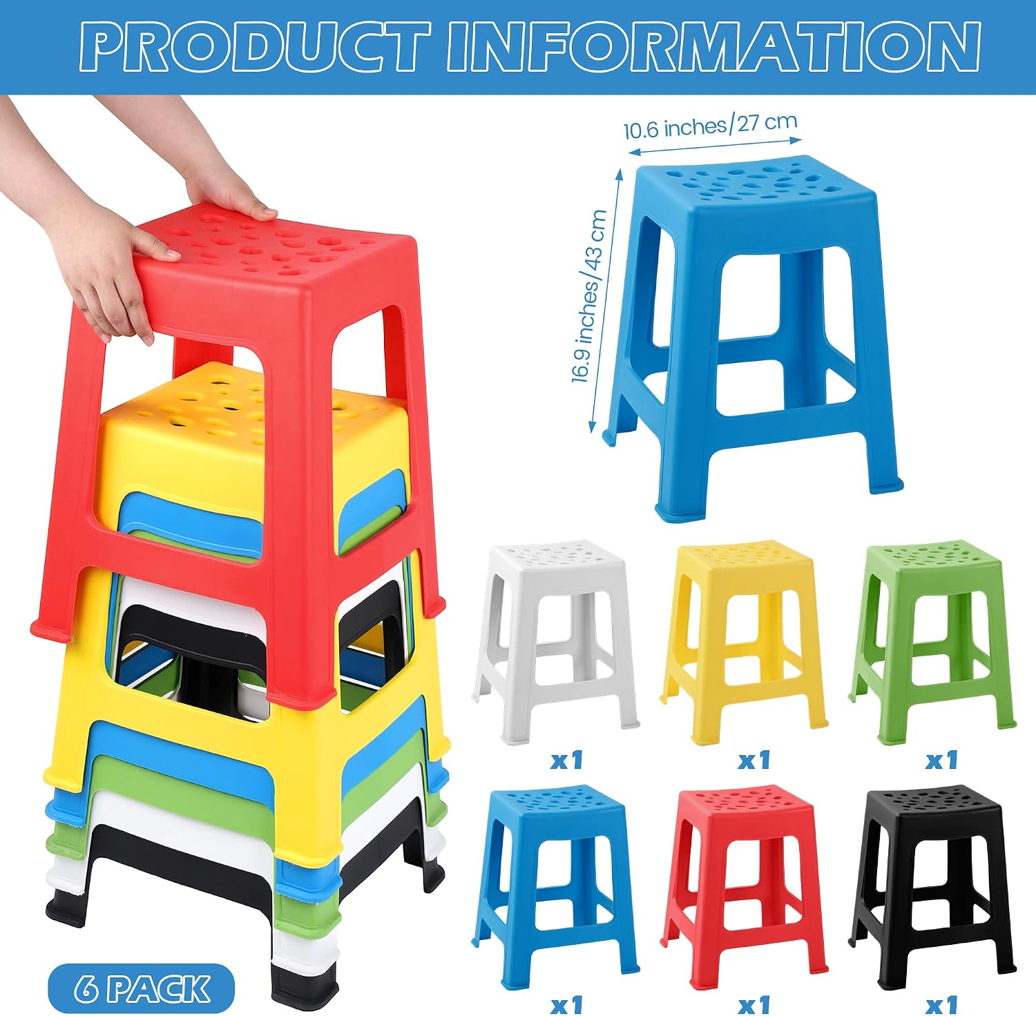 TURSTIN 6 Pack Plastic Stack Stools, 16.9 Inch Stackable Nesting Stools, 6 Mixed Colors Portable Stacking Backless Bar Stool Flexible Seating Chairs for Office Home