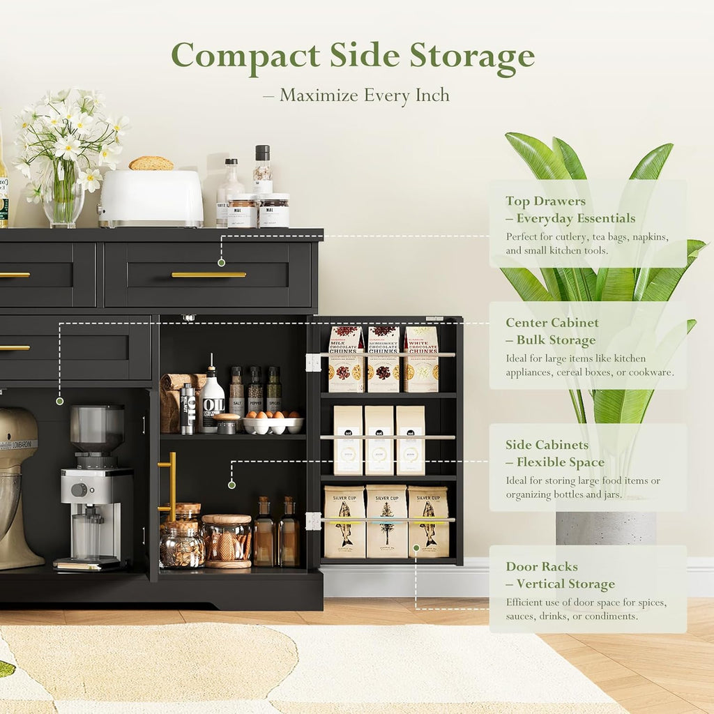 Concho 54" Buffet Cabinet with Storage, Kitchen Sideboard Cabinet with 4 Drawers, Coffee Bar Cabinet with Shelves, Modern Storage Cabinet for Dining Room, Living Room & Kitchen, Black