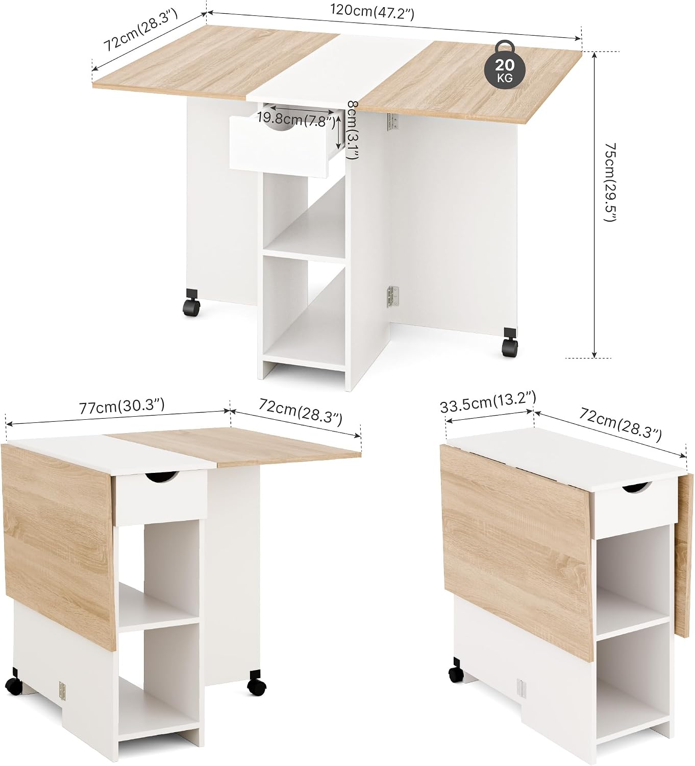 Folding Dining Table, Drop Leaf Table for Small Space with Drawer and Open Storage Shelves, Modern Rectangular Kitchen Dining Table, 47.2" L x 28.3" W (Oak & White)