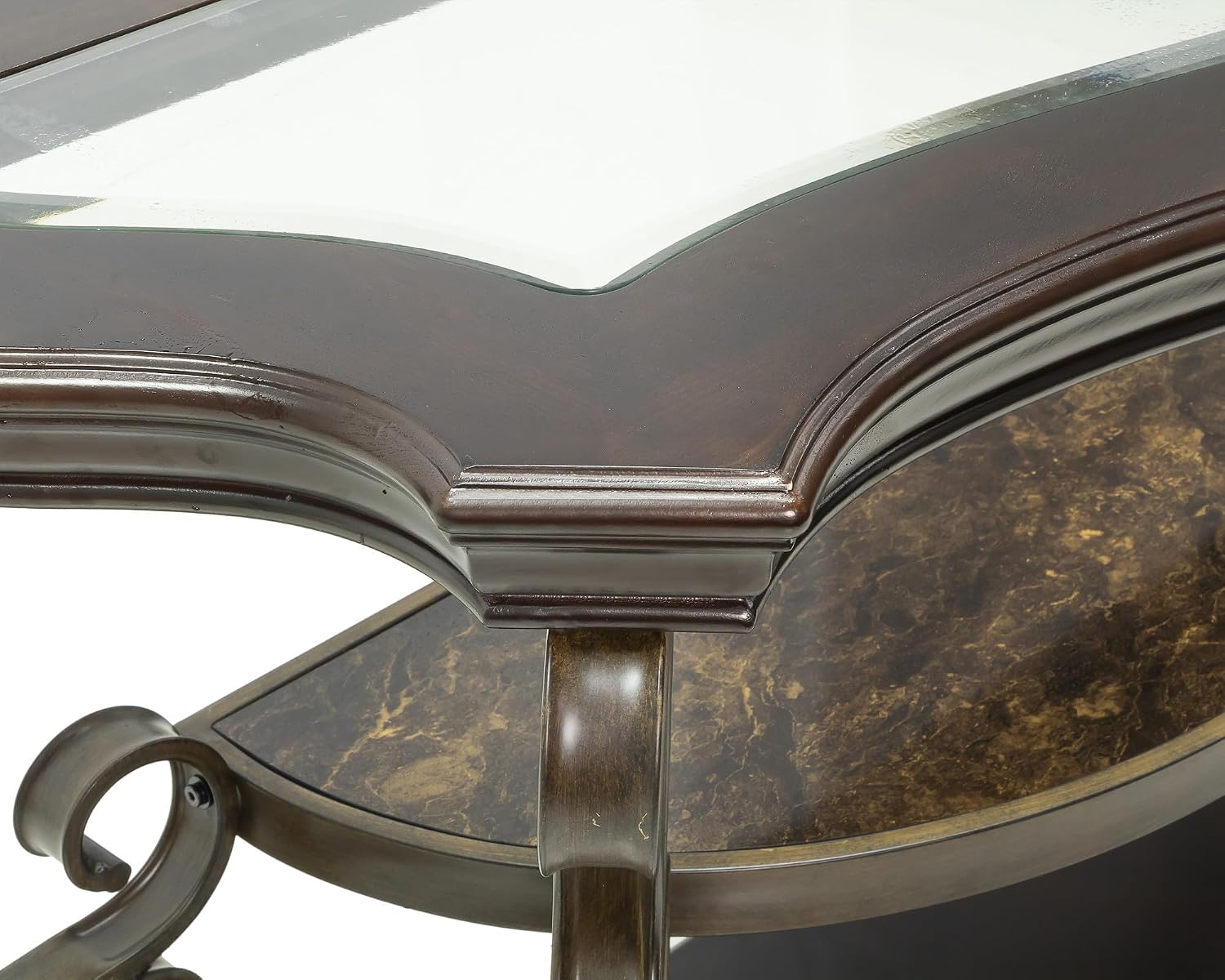 SSLine Vintage Wood Console Table Elegant Curved Rectangle Entryway Table with Tempered Glass Top & Marble Shelf Traditional 3-Tier Hallway Tables for Living Room Entrance(Dark Brown)