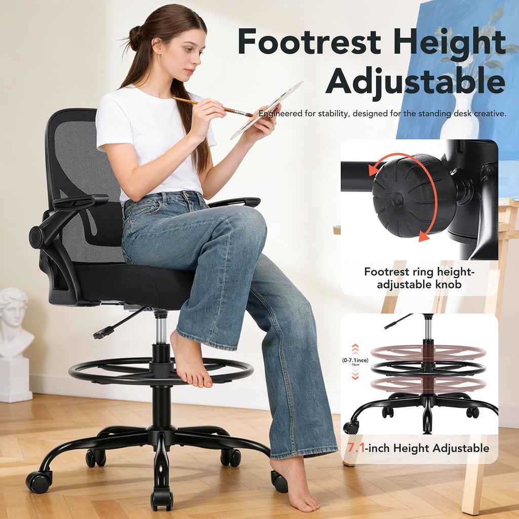 Drafting Chair, Tall Office Chair with Adjustable Footrest Ring, Standing Desk Chair with Flip-Up Armrests, Breathable Mesh High Desk Chair for Counter Height Desk, Black