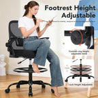 Drafting Chair, Tall Office Chair with Adjustable Footrest Ring, Standing Desk Chair with Flip-Up Armrests, Breathable Mesh High Desk Chair for Counter Height Desk, Black