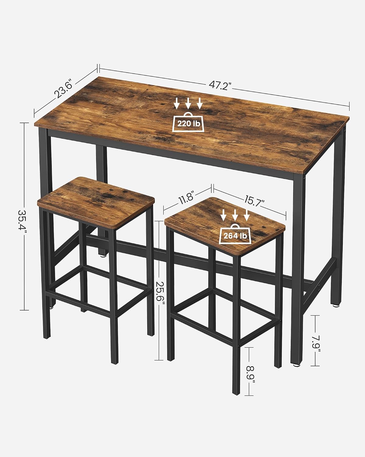 VASAGLE Bar Table and Chairs Set, Rectangular Table with 2 Stools, Dining Pub Set for 2, Space Saving for Kitchen Breakfast, Living Room, Party Room, Rustic Brown and Black ULBT15X