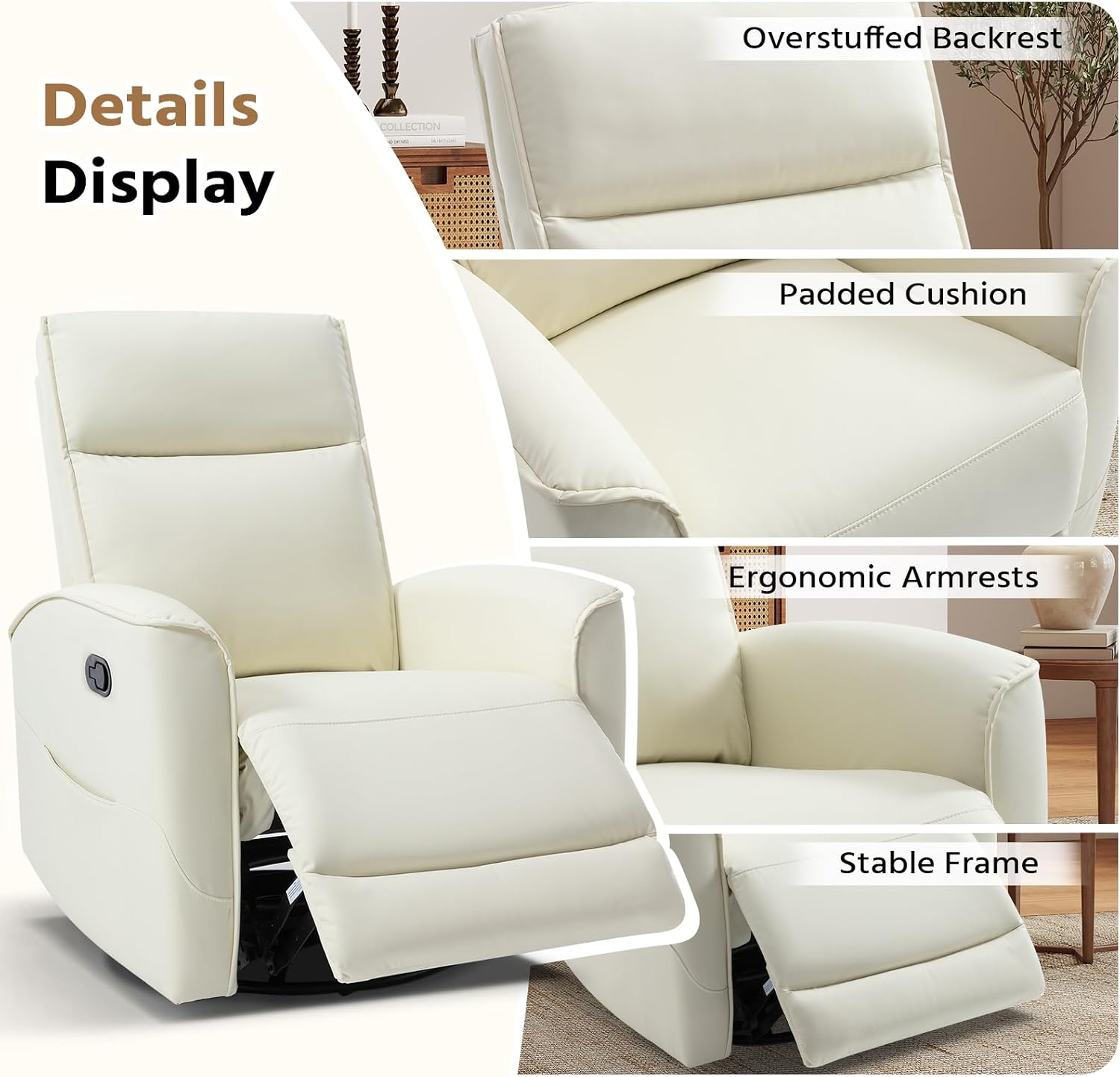 HAOMARKETS Swivel Rocker Recliner Chair, Manual Faux Leather Glider Rocking Recliners for Adults, 360° Swivel Nursery Reclining Sofa with Storage Pocket