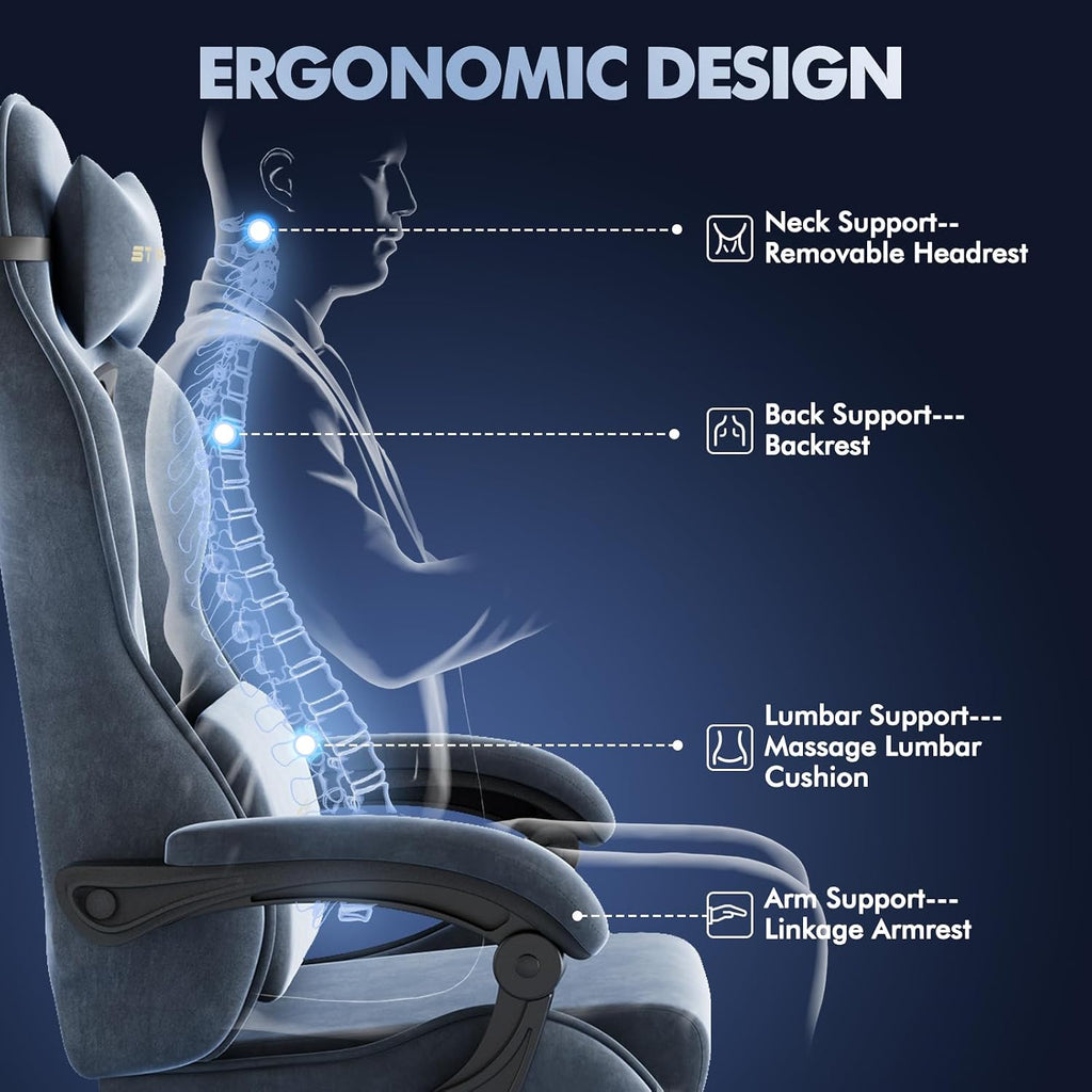 Gaming Chair Racing for Adult, Office Chair with Footrest Massage Lumbar Cushion, Velvet Fabric Reclining Video Game Chairs, Ergonomic Computer Chairs Height Adjustable, for Home Streaming, Grey