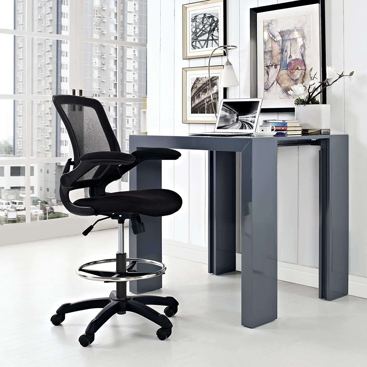 Pemberly Row Mesh Back Drafting Stool, Black Finish, Adjustable Height with Pneumatic Gas Cylinder, Flip-Up Arms, Foam Seat with Mesh Fabric, Ergonomic Tall Chair for Studio or Office Use