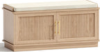 Akxomel Fluted Shoe Storage Bench with Cushion, 39.4" Entryway Bench with Adjustable Shelves and 2 Doors, Shoe Cabinet Bench with Curved Profile, for Hallway, Living Room, Bedroom, Natural Oak