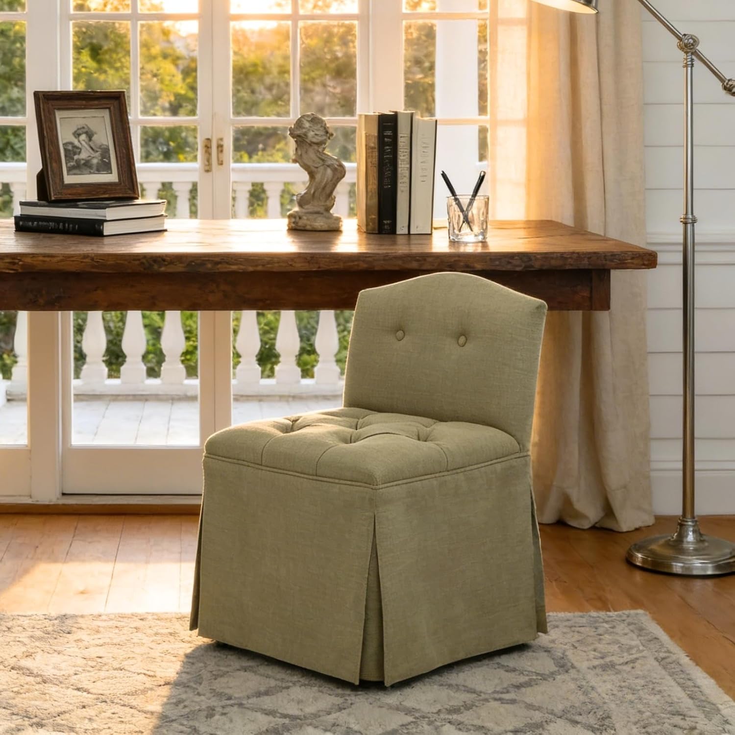 Green Tufted Makeup Vanity Chair with Wheels, Small Upholstered Skirted Slipper Accent Chair with Low Back & Metal Legs, Armless Rolling Vanity Stool Desk Chair for Living Room Bedroom