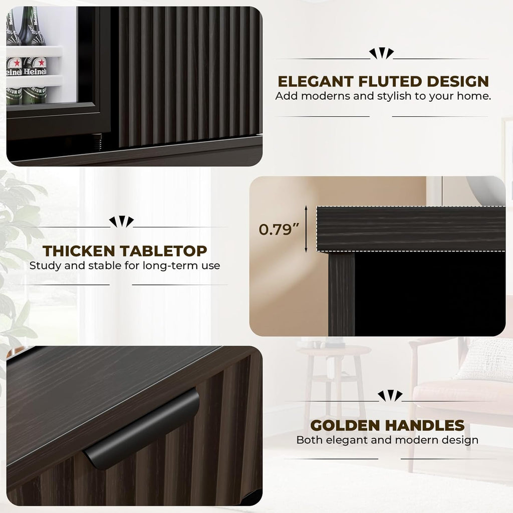 Mini Fridge Cabinet (Fridge Included), Fluted Coffee Bar Cabinet with Refrigerator, Pull Out Drawer & Storage Cabinets, 31.5" Liquor Wine Bar Cabinet for Home, Kitchen, Dining Room, Blac