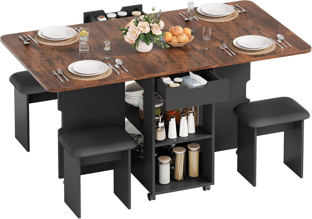 Mondeer Folding Dining Table and Chairs Set 4, 55" Space Saving Table with 4 Cushioned Stools, 2 Drawers and Storage Shelves, Foldable Table and Chairs for Kitchen Dining Room Living Room