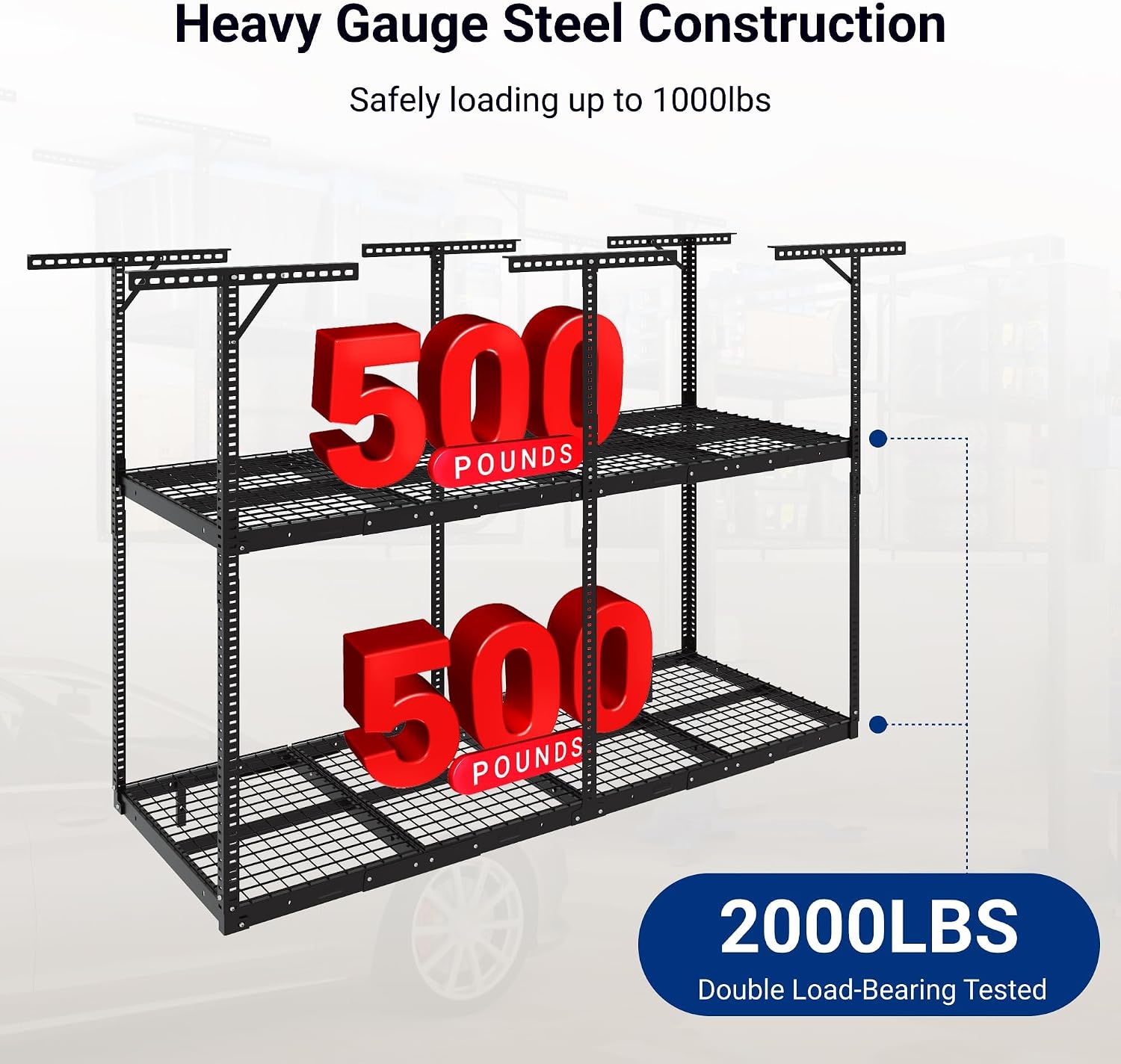 FLEXIMOUNTS 3x8ft 2-Tier Garage Ceiling Storage Rack, Adjustable Overhead Garage Storage System, Heavy Duty Metal Shelving, 1000 lbs Capacity, Ideal for 9–15ft High Ceilings, Black