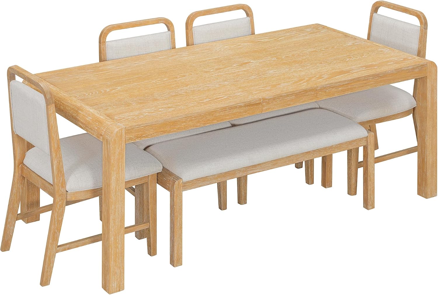 LUMISOL 6-Piece Solid Wood Dining Table Set, Extendable Kitchen Table Set for 4-6 with 4 Upholstered Chairs and 1 Bench for Kitchen, Dining Room, Living Room, Natural