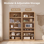 72" Tall Modern Bookshelf with Doors, 5-Tier Large Bookcase w/ Drawer, Wooden Storage Cabinet w/Adjustable Shelves, Versatile Book Shelf w/ Curved Profile Design for Living Room, Office, Natural Oak