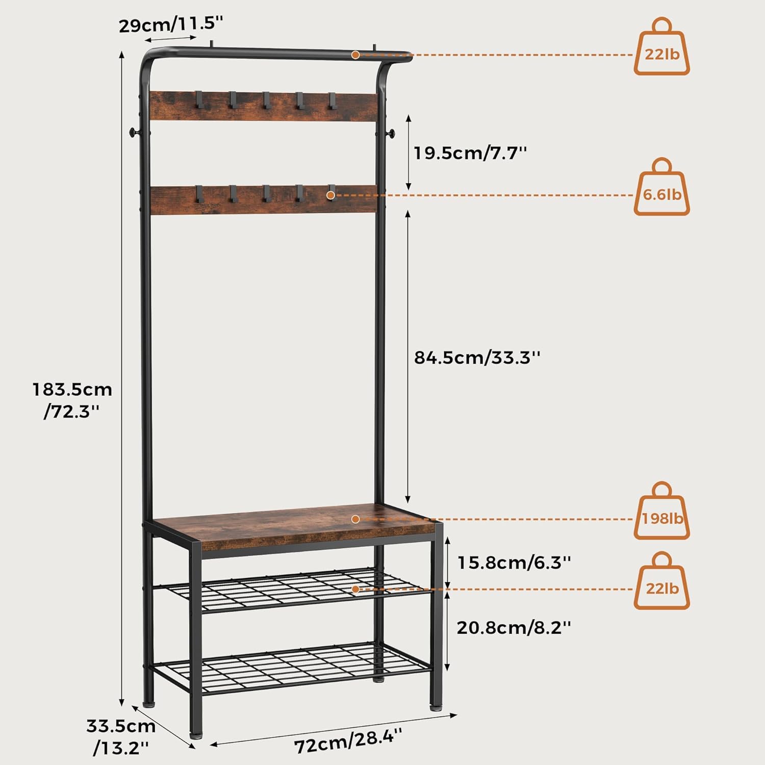 OLIXIS Hall Tree, Entryway Bench with Shoe Storage and Hooks, Shoe Bench and Coat Rack, 4-in-1 Coat and Shoes Rack for Entryway, Mudroom Storage Organizer with Shelves, Rustic Brown